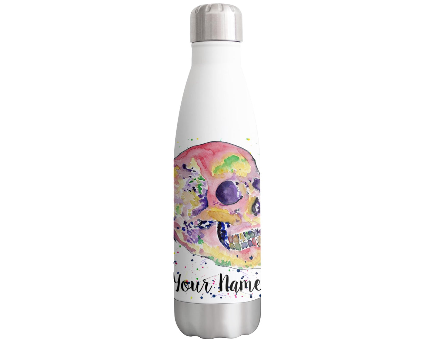 Vixar Skull (2) Personalised Custom Bottle with your Text/name Watercolour Bottle double Wall insulated Stainless steel sport Drinks 500ml