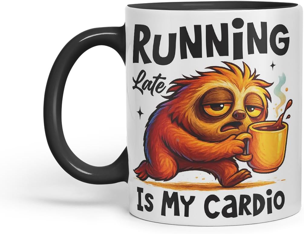 Vixar Running Late is My Cardio Funny Sloth Coffee Mug – Coloured Ceramic Mug Cup Gift, 11oz (Black)