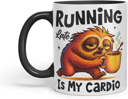 Vixar Running Late is My Cardio Funny Sloth Coffee Mug – Coloured Ceramic Mug Cup Gift, 11oz (Black)