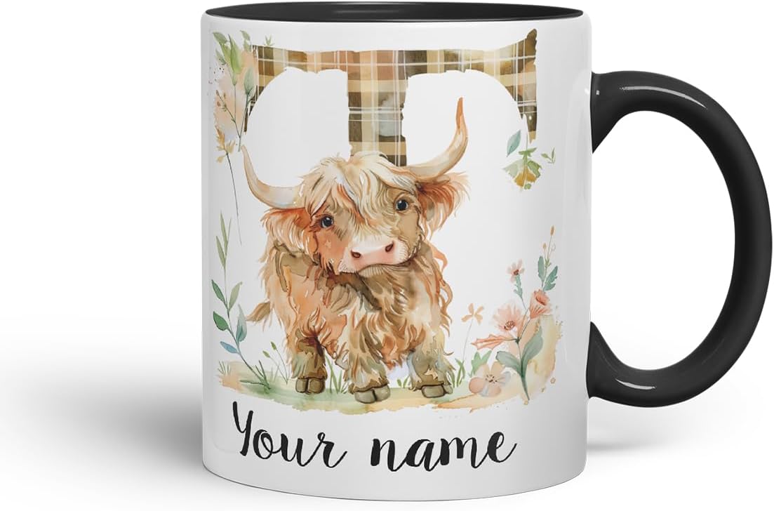 Vixar Personalised Highland Cow Initial Letter T Custom Name Mug – Coloured Ceramic Mug Cup Gift, 11oz (Black)