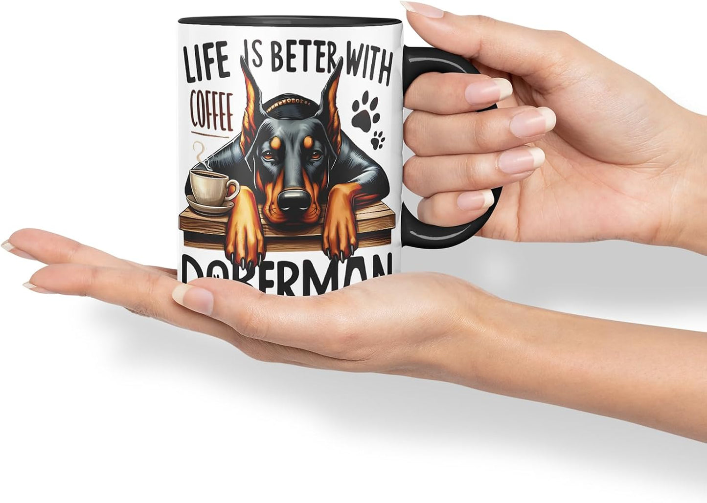 Vixar Life is Better with Coffee Doberman Dog Mug – Coloured Ceramic Mug Cup Gift, 11oz (Black)