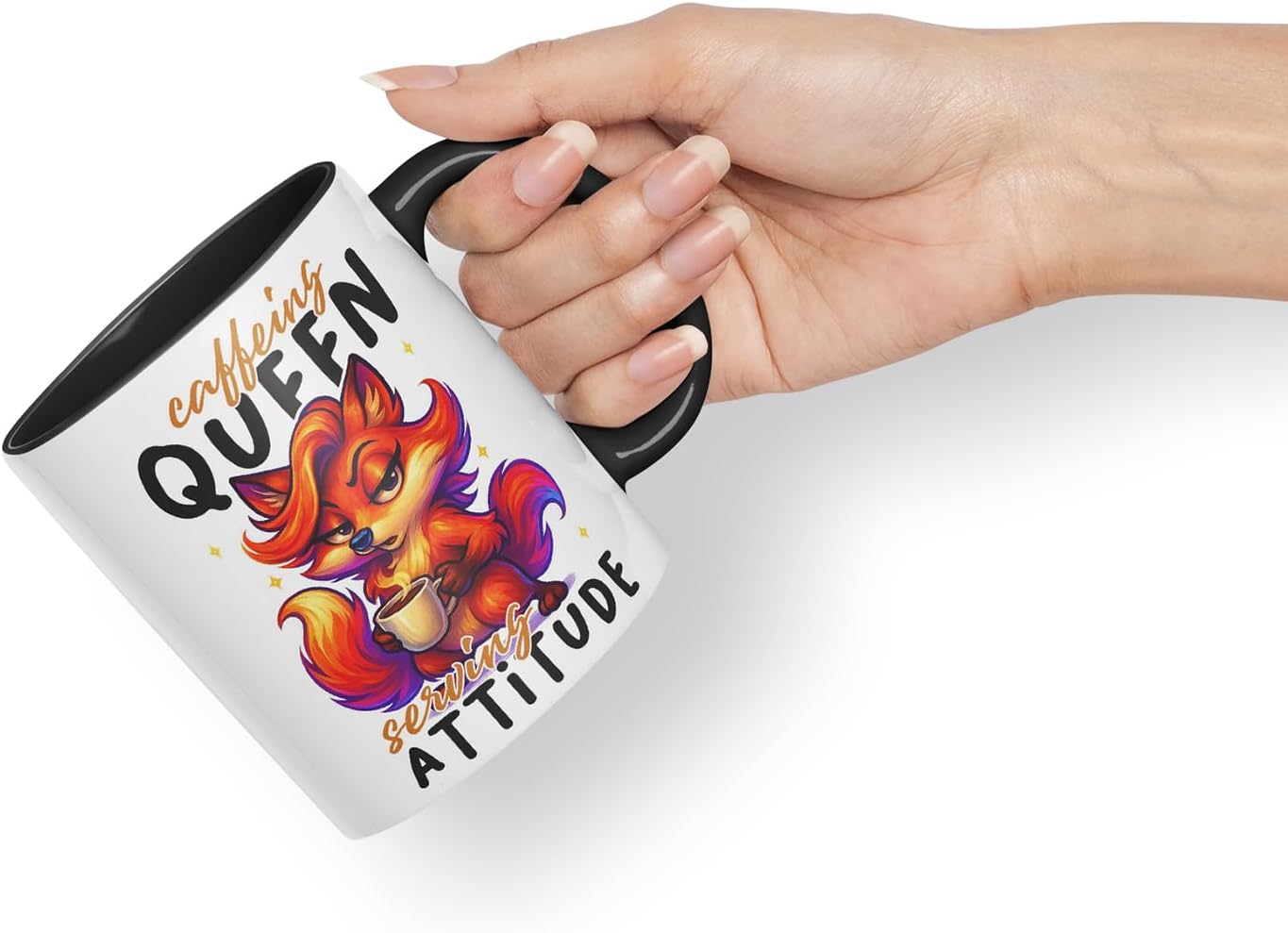 Vixar Caffeine Queen Serving Attitude Funny Fox Mug – Coloured Ceramic Mug Cup Gift, 11oz (Black)