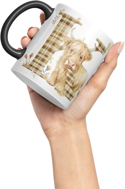 Vixar Highland Cow Alphabet Monogram Coloured Ceramic Cup Mug – Letter K – Rustic Farmhouse Animal Letter Gift – 11oz (Black)