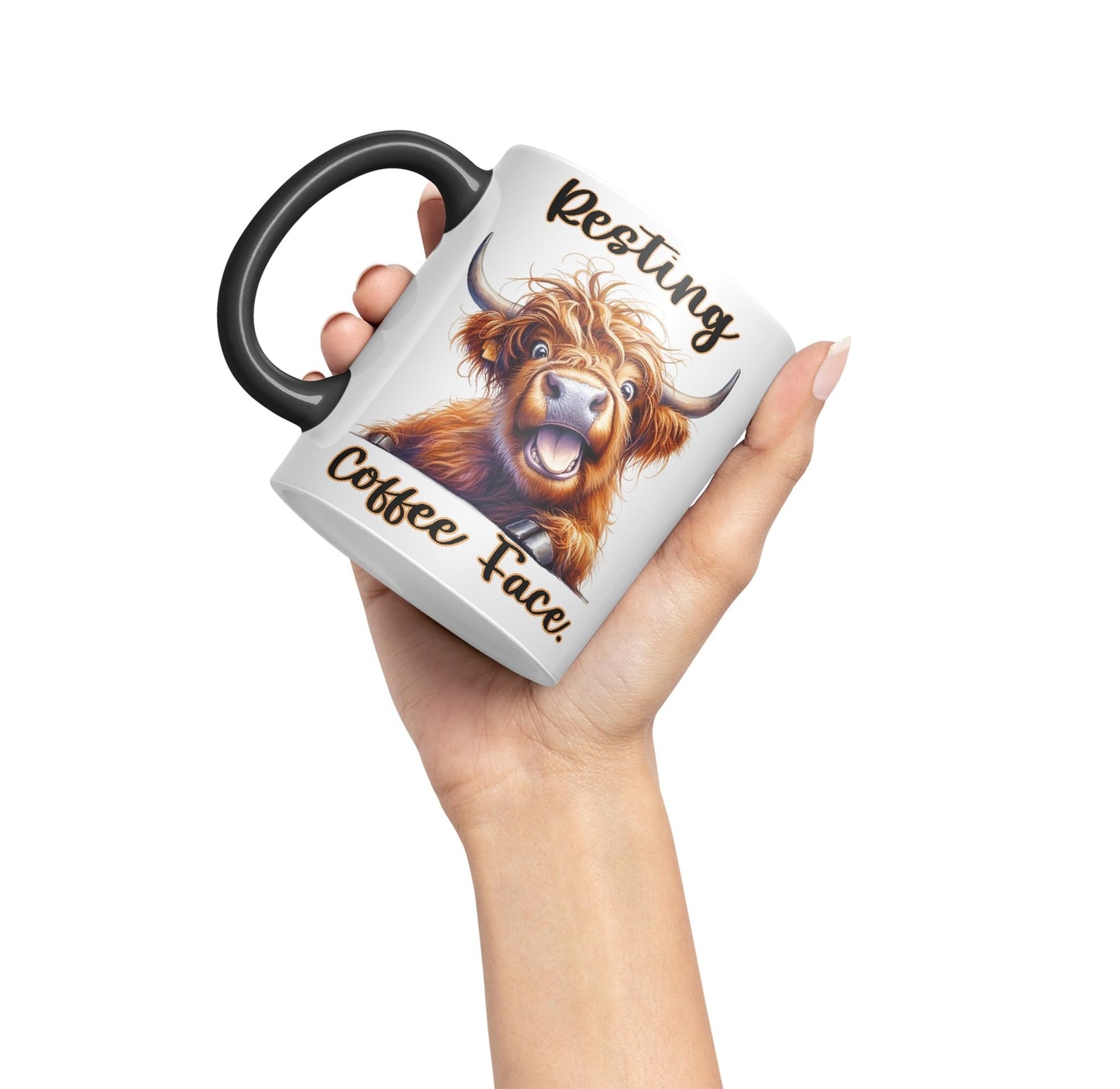 Resting Coffee Face Cow Highland Joke sarkasm Sarcastic Ceramic Coloured Mug Cup for Tea Coffee Hot Brew 330ml 11Oz Gift