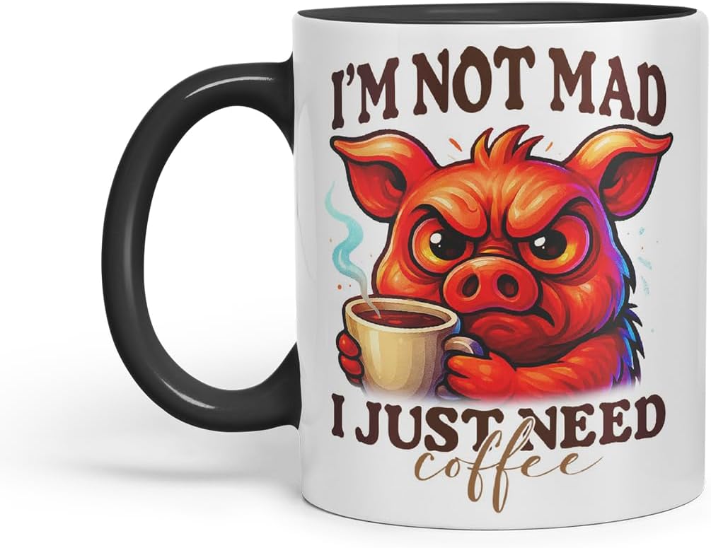 Vixar I'm Not Mad I Just Need Coffee Funny Pig Mug – Coloured Ceramic Mug Cup Gift, 11oz (Black)
