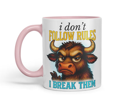 Vixar I Don't Follow Rules I Break Them Funny Bull Mug – Coloured Ceramic Mug Cup Gift, 11oz (Black)