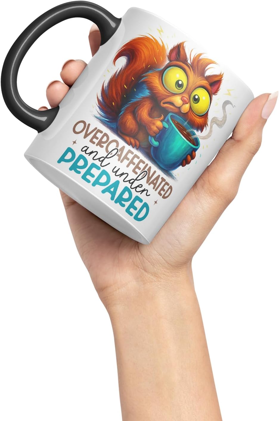 Vixar Overcaffeinated and Underprepared Funny Squirrel Mug – Coloured Ceramic Mug Cup Gift, 11oz (Black)