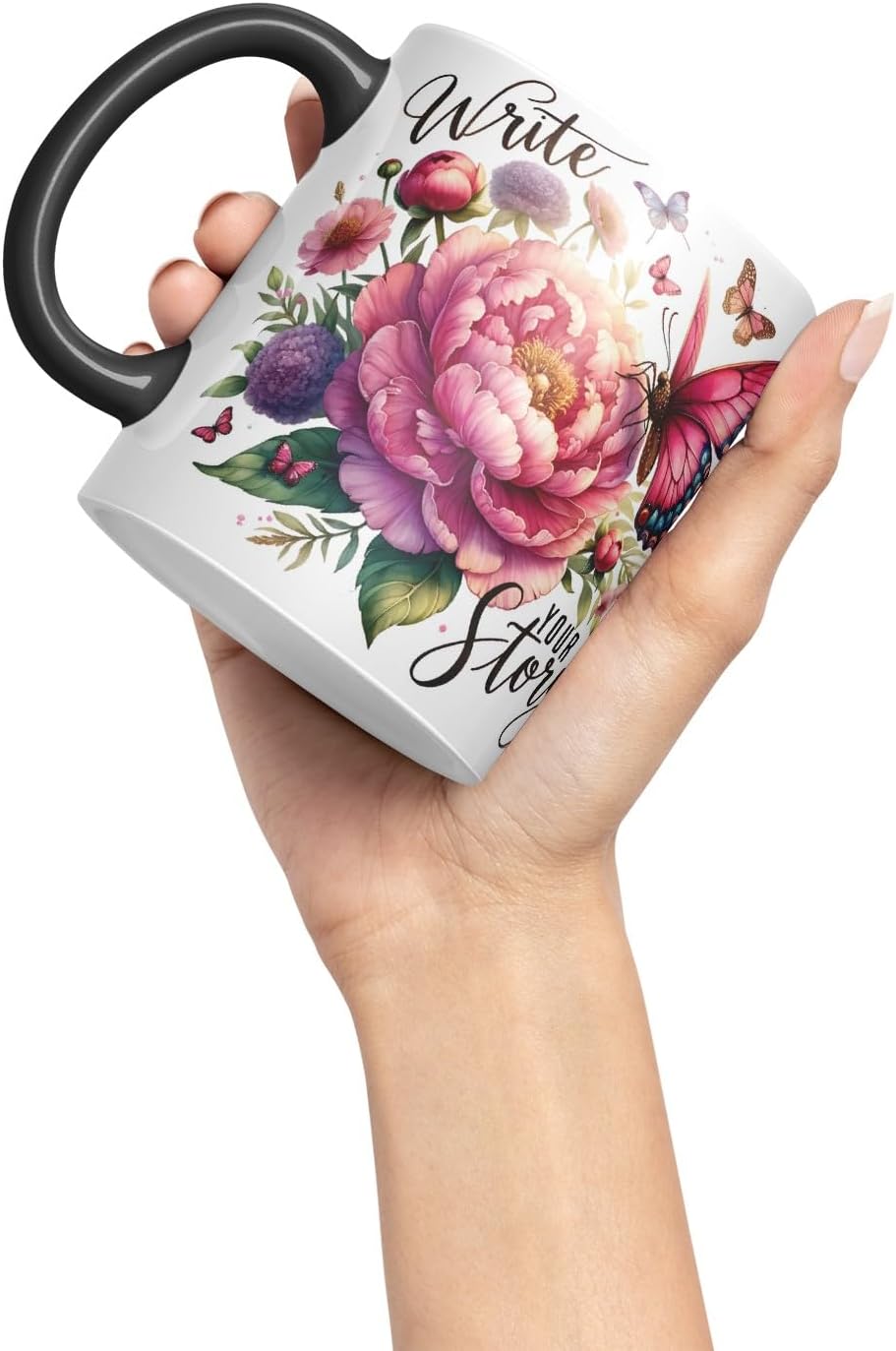 Vixar Write Your Story Butterfly Coloured Mug Cup Floral Inspirational Gift 11oz (Black)