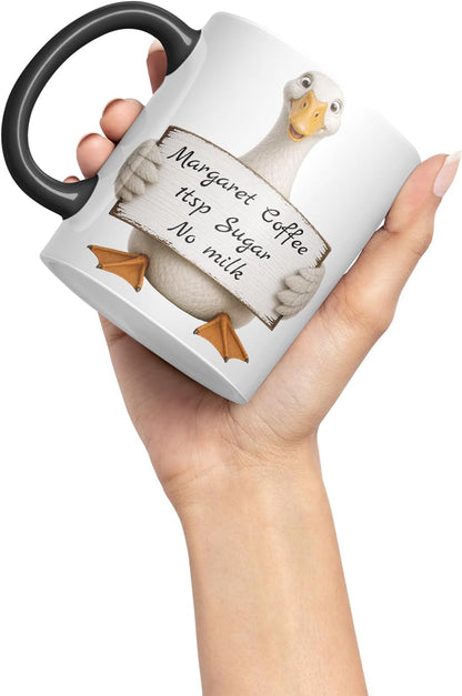 Vixar Personalised Goose Mug with Name or Custom Message – Cute Animal Coloured Ceramic Mug Cup Gift, 11oz (Black)