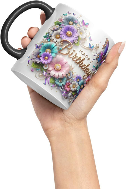 Vixar Happy Birthday Floral Wreath Butterflies Coloured Ceramic Mug Cup Gift 11oz V13 (Black)