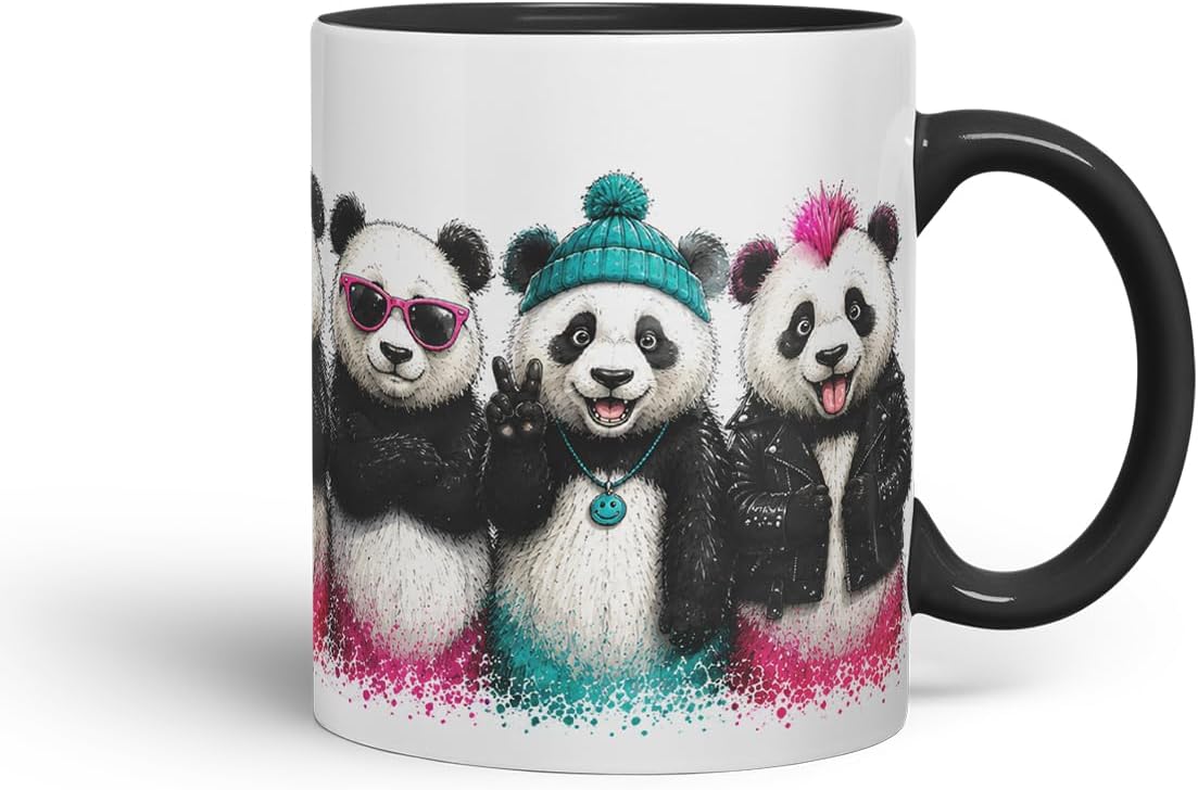 Vixar Pandas Mug – Cute Pandas Coloured Ceramic Mug Cup Gift, 11oz (Black)