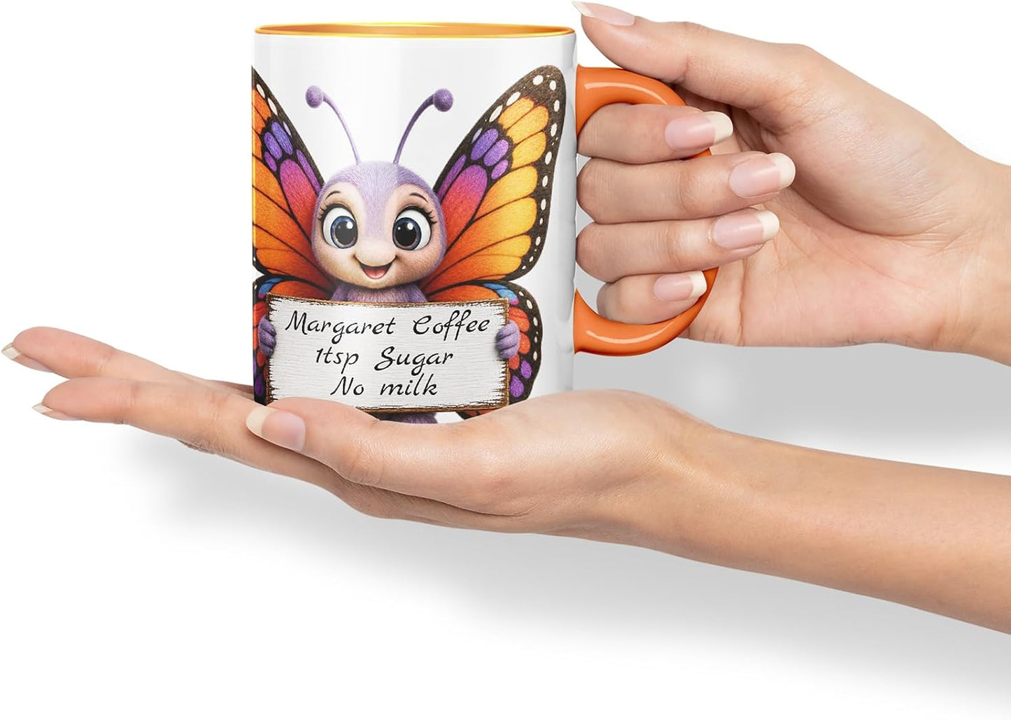 Vixar Personalised Butterfly Mug with Name or Custom Message – Cute Animal Coloured Ceramic Mug Cup Gift, 11oz (Orange)