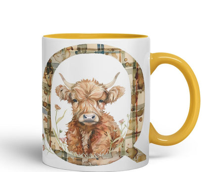 Vixar Highland Cow Alphabet Monogram Coloured Ceramic Cup Mug – Letter Q – Rustic Farmhouse Animal Letter Gift – 11oz (Black)