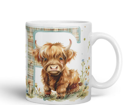 Vixar Highland Cow Alphabet Monogram Coloured Ceramic Cup Mug – Letter F – Rustic Farmhouse Animal Letter Gift – 11oz (Black)
