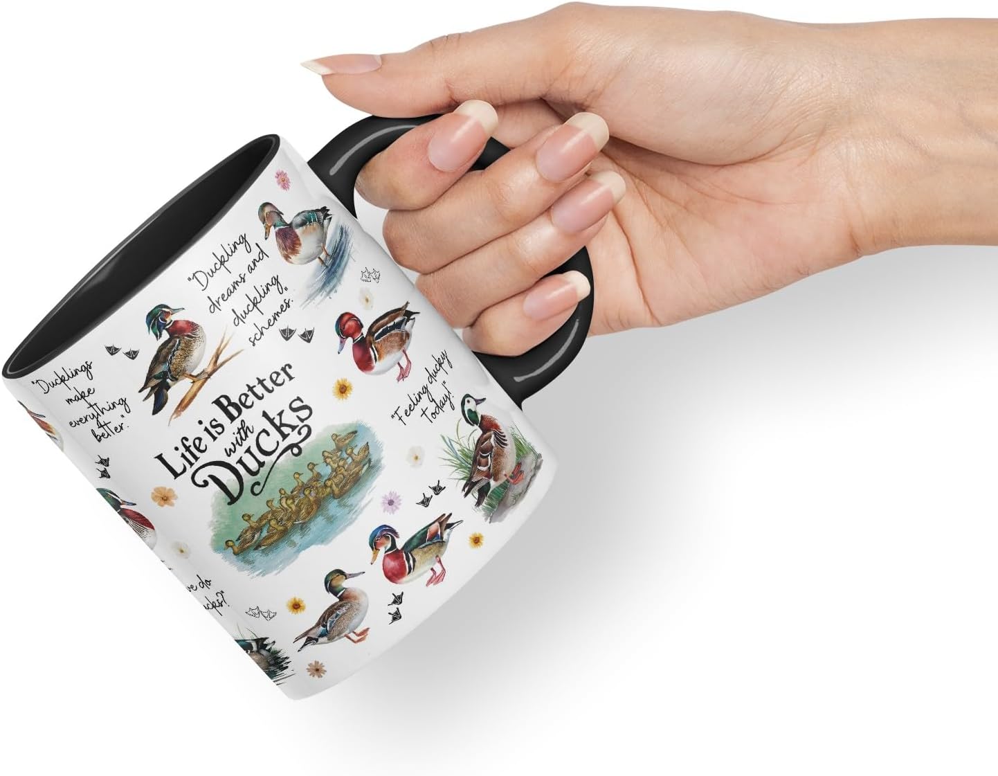 Vixar Life is Better with Ducks – Funny Animal Coloured Mug Cup 11oz (Black)