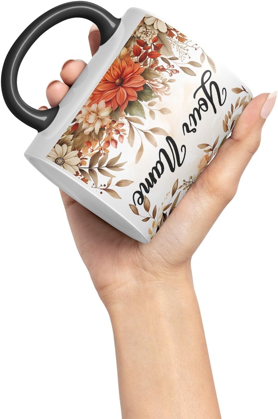 Vixar Personalised Autumn Flower Mug – Custom Your Name Coloured Ceramic Mug Cup Gift, 11oz (Black)