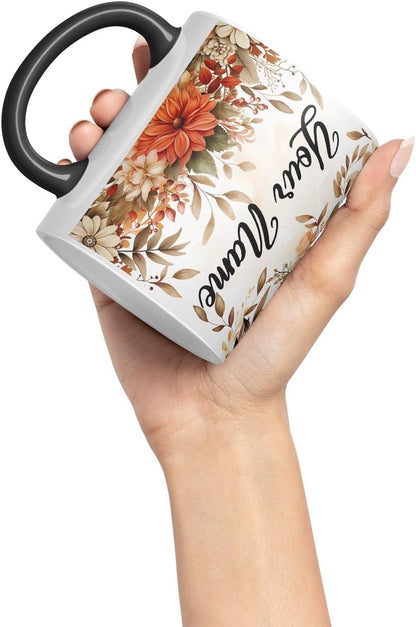 Vixar Personalised Autumn Flower Mug – Custom Your Name Coloured Ceramic Mug Cup Gift, 11oz (Black)