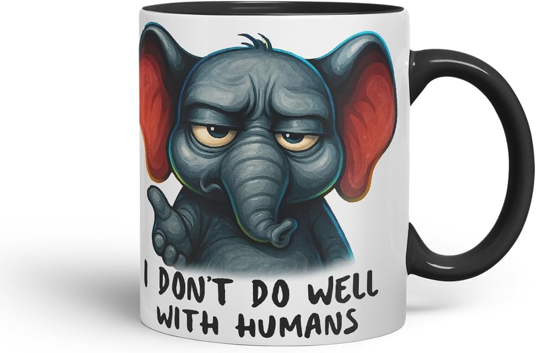 Vixar I Don't Do Well with Humans Funny Elephant Mug – Coloured Ceramic Mug Cup Gift, 11oz (Black)