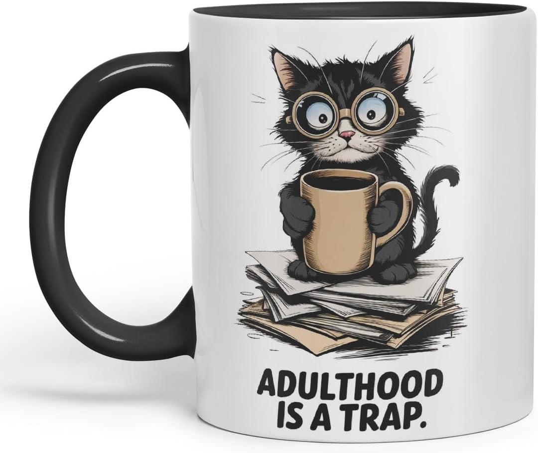 Vixar Adulthood is A Trap Cat Mug – Coloured Ceramic Mug Cup Gift, 11oz (Black)