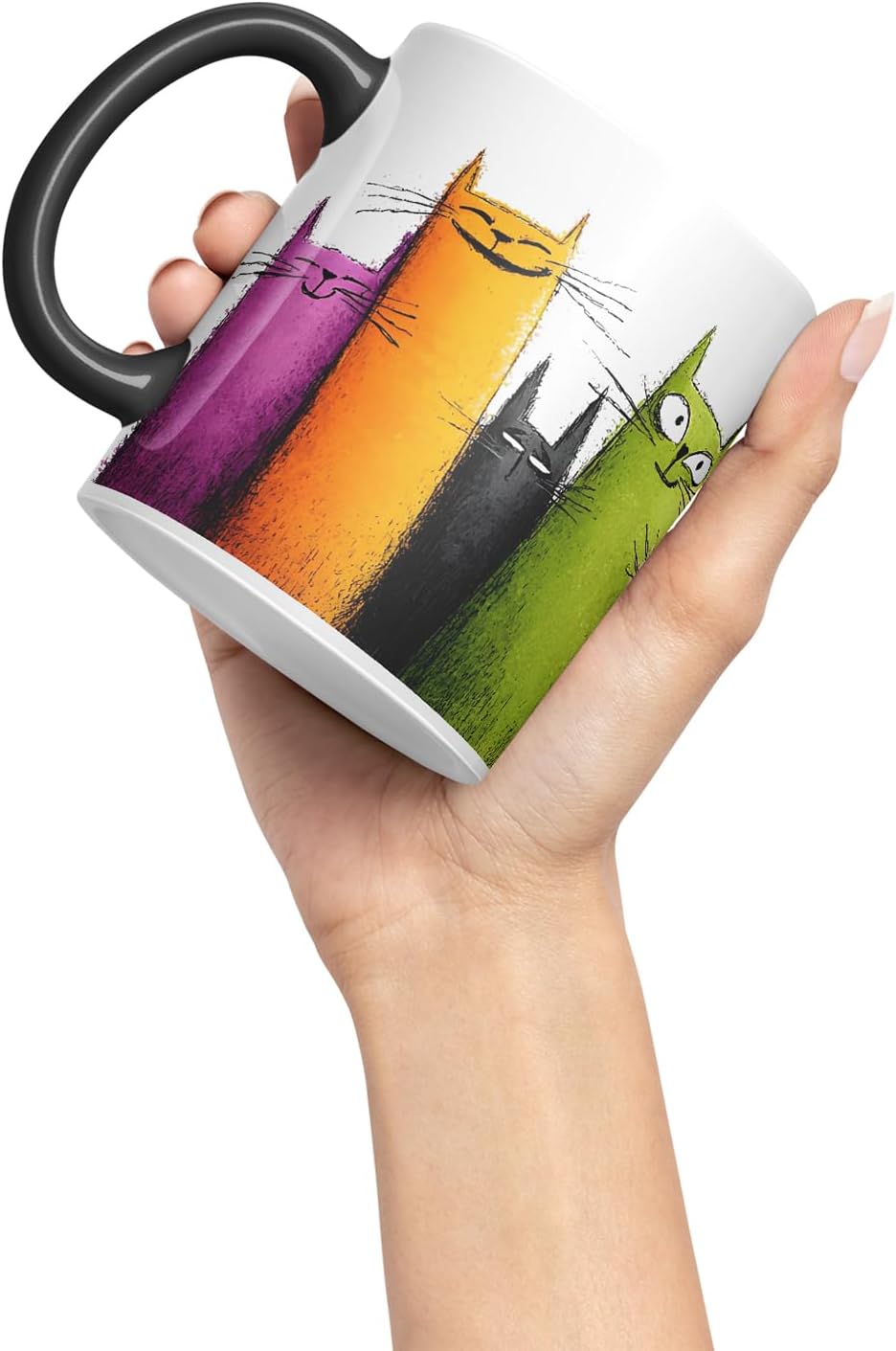 Vixar Funny Colourful Cute Cats Design – Coloured Ceramic Mug Cup Gift, 11oz (Black)