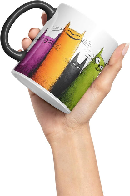 Vixar Funny Colourful Cute Cats Design – Coloured Ceramic Mug Cup Gift, 11oz (Black)
