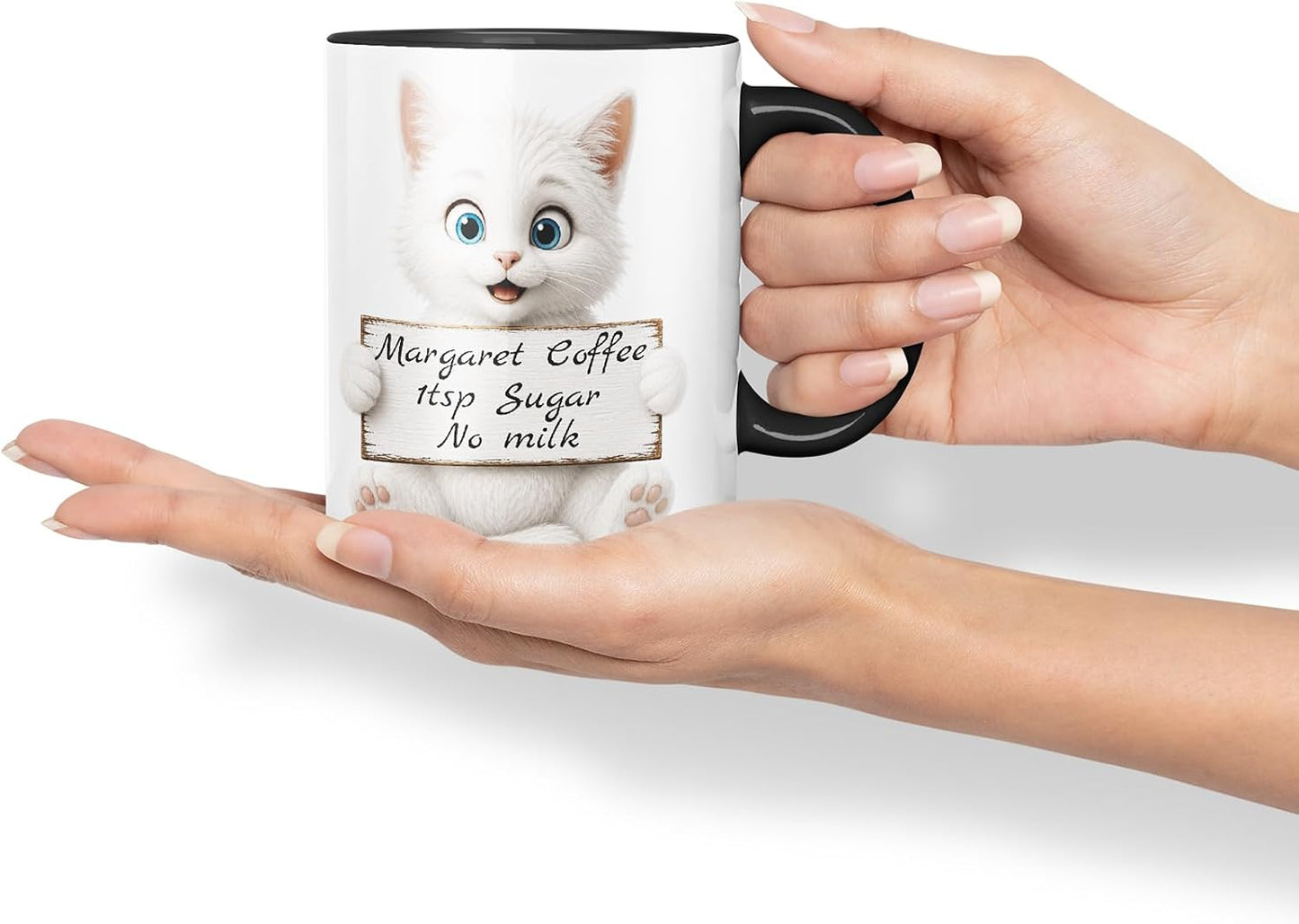 Vixar Personalised White Cat Mug with Name or Custom Message – Cute Animal Coloured Ceramic Mug Cup Gift, 11oz (Black)