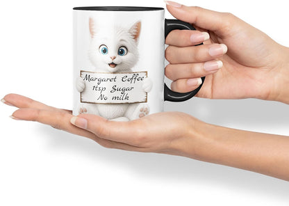Vixar Personalised White Cat Mug with Name or Custom Message – Cute Animal Coloured Ceramic Mug Cup Gift, 11oz (Black)