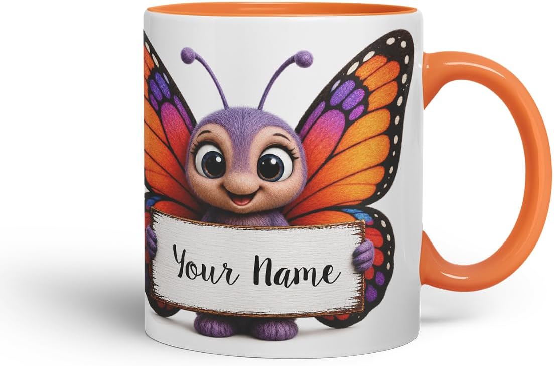 Vixar Personalised Butterfly Mug with Name or Custom Message – Cute Animal Coloured Ceramic Mug Cup Gift, 11oz (Orange)