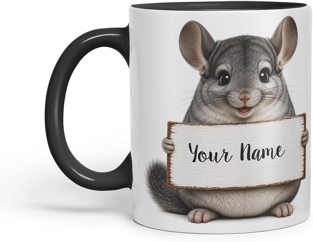 Vixar Personalised Chinchilla Mug with Name or Custom Message – Cute Animal Coloured Ceramic Mug Cup Gift, 11oz (Black)