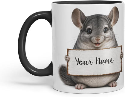 Vixar Personalised Chinchilla Mug with Name or Custom Message – Cute Animal Coloured Ceramic Mug Cup Gift, 11oz (Black)