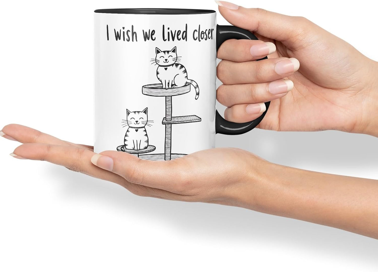 Vixar I Wish We Lived Closer Coloured Ceramic Cup Mug – Minimalist Cat Lovers Gift for Friends or Partner – 11oz (Black)