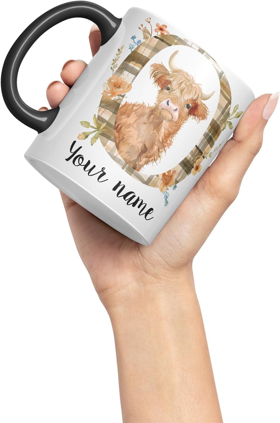 Vixar Personalised Highland Cow Initial Letter O Custom Name Mug – Coloured Ceramic Mug Cup Gift, 11oz (Black)
