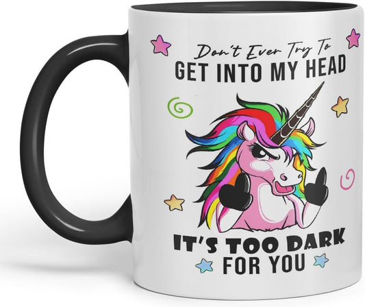 Vixar Don’t Ever Try to Get Into My Head – Funny Unicorn Coloured Mug Cup 11oz (Black)