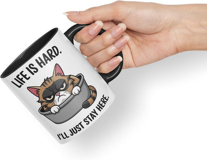 Vixar Life is Hard I’ll Just Stay Here Cat Mug – Coloured Ceramic Mug Cup Gift, 11oz (Black)