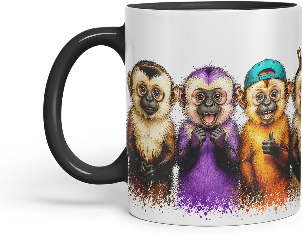 Vixar Monkey Mug – Cute Monkey Coloured Ceramic Mug Cup Gift, 11oz (Black)