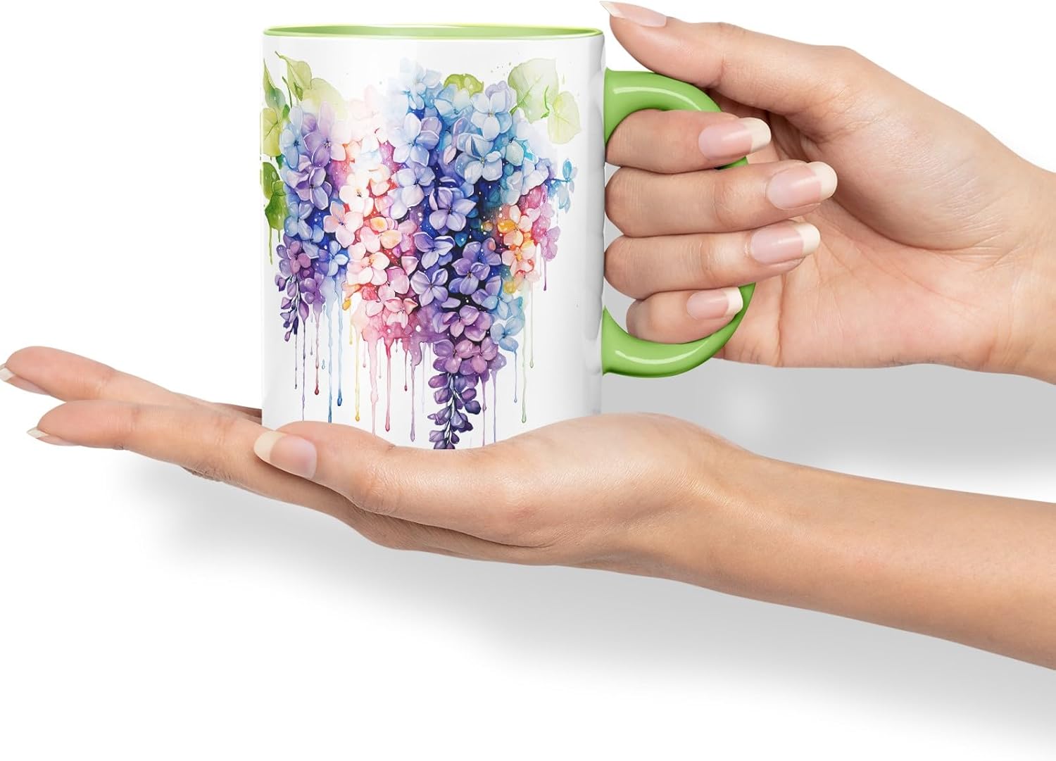 Vixar Lilac Spring Blossom Mug Coloured Ceramic Mug Cup Gift, 11oz (Light Green)