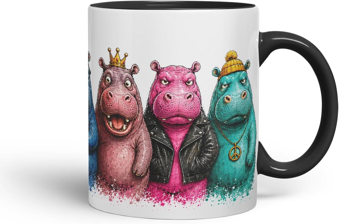 Hippo Mug – Cute Hippo Animal Coloured Ceramic Mug Cup Gift, 11oz (Black)