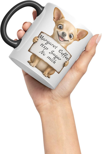 Vixar Personalised Short Hair Chihuahua Mug with Name or Custom Message – Cute Animal Coloured Ceramic Mug Cup Gift, 11oz (Black)