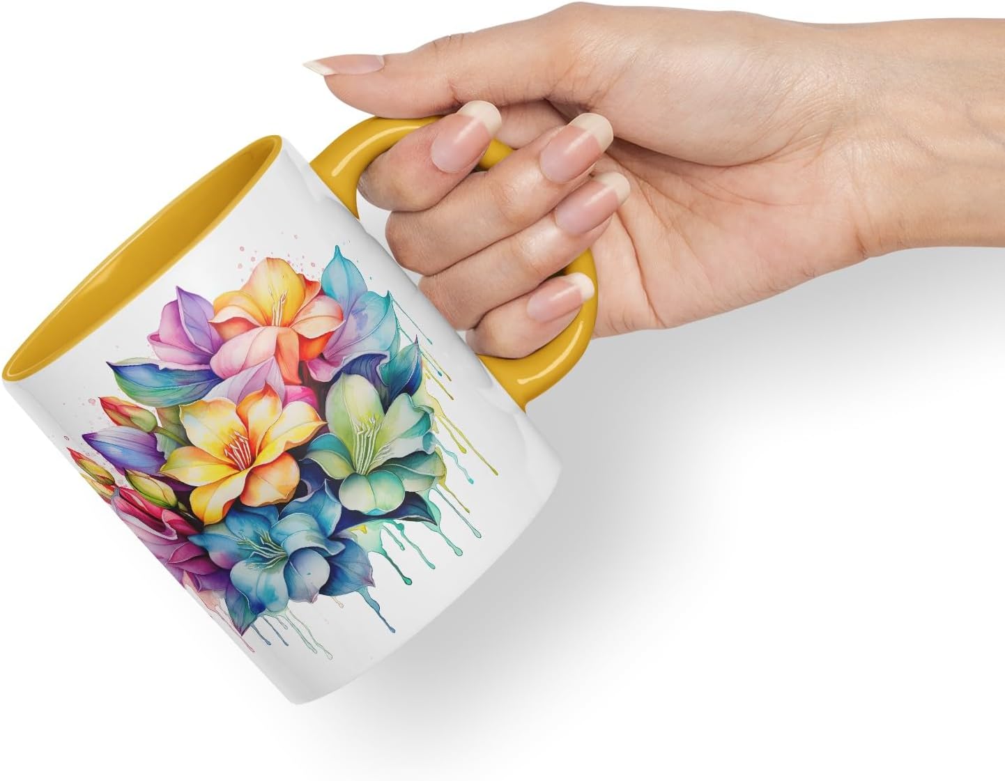 Vixar Gardenia Classic Floral Mug Coloured Ceramic Mug Cup Gift, 11oz (Gold Yellow)