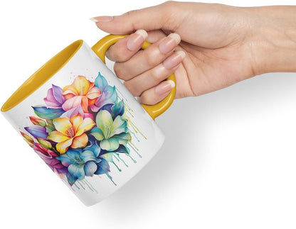 Vixar Gardenia Classic Floral Mug Coloured Ceramic Mug Cup Gift, 11oz (Gold Yellow)