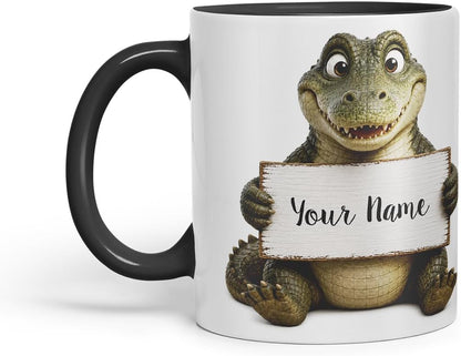 Vixar Personalised Crocodile Mug with Name or Custom Message – Cute Animal Coloured Ceramic Mug Cup Gift, 11oz (Black)