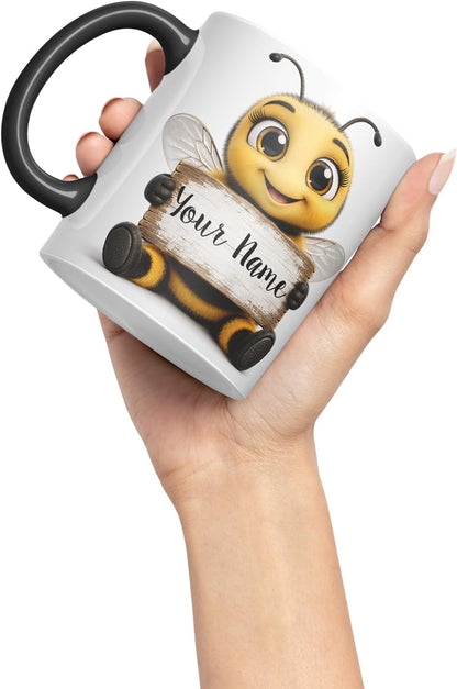 Vixar Personalised Bee Mug with Name or Custom Message – Cute Animal Coloured Ceramic Mug Cup Gift, 11oz (Black)