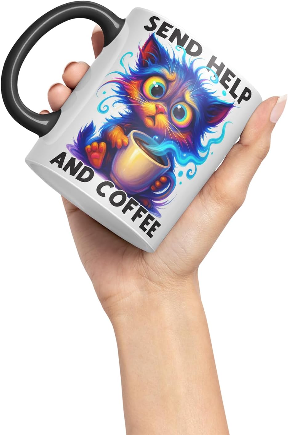 Vixar Send Help and Coffee Funny Cat Coffee Mug – Coloured Ceramic Mug Cup Gift, 11oz (Black)
