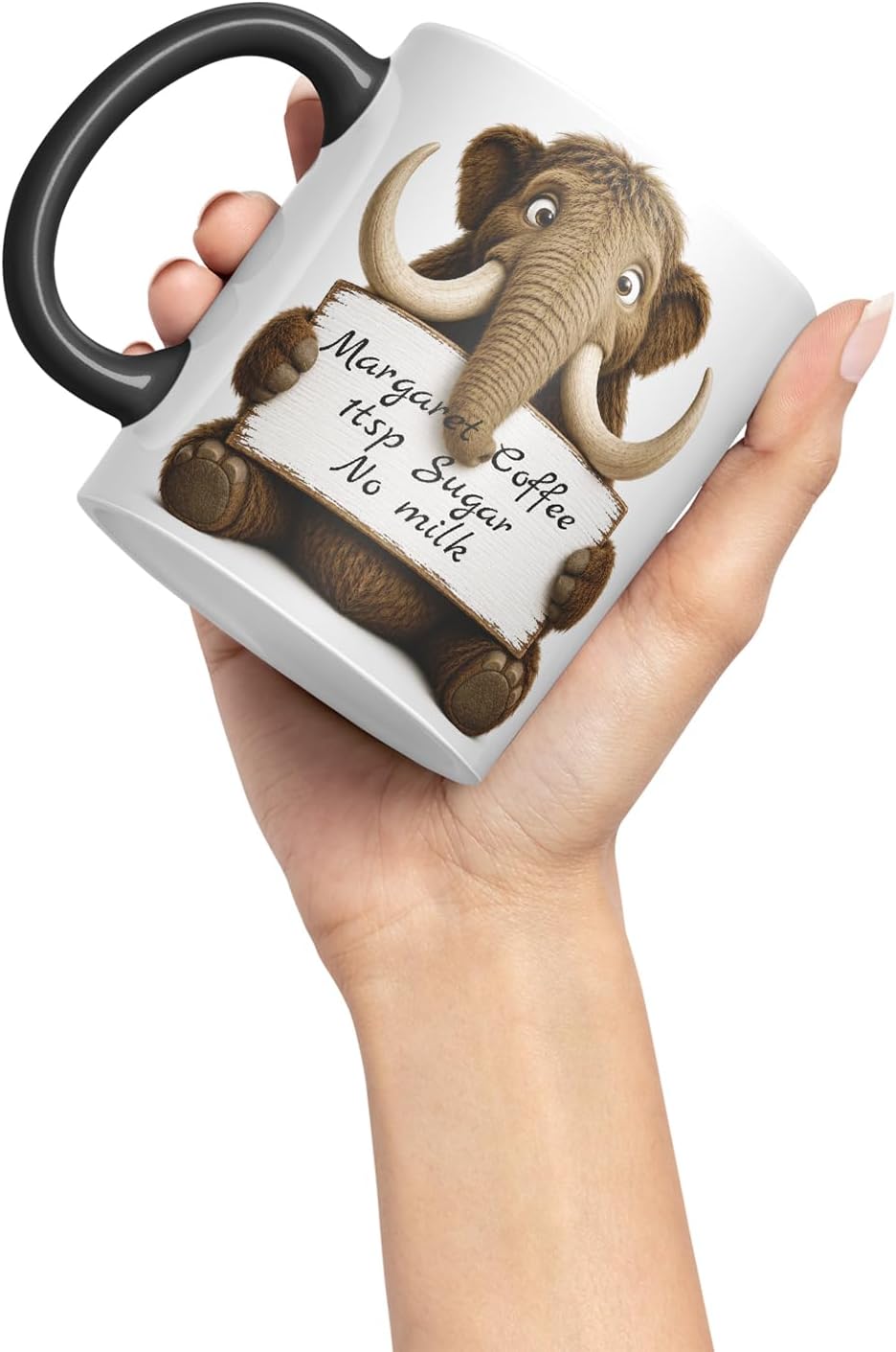 Vixar Personalised Mammoth Mug with Name or Custom Message – Cute Animal Coloured Ceramic Mug Cup Gift, 11oz (Black)