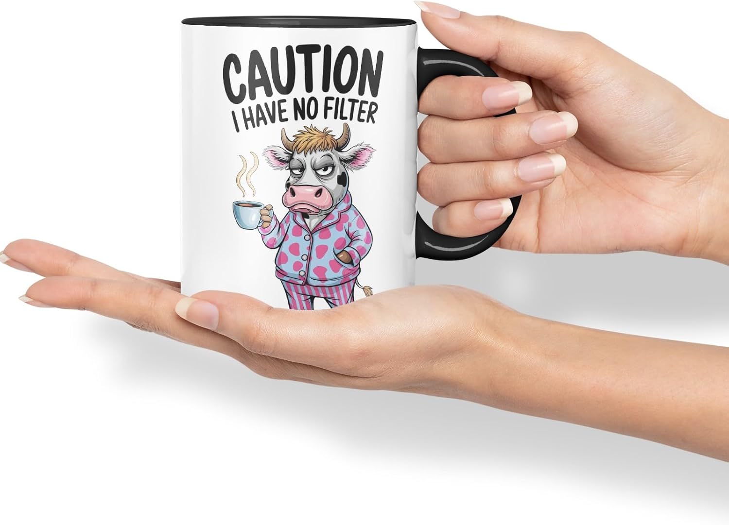Vixar Caution I Have No Filter Cow Joke Coloured Ceramic Mug Cup Gift, 11oz (Black)