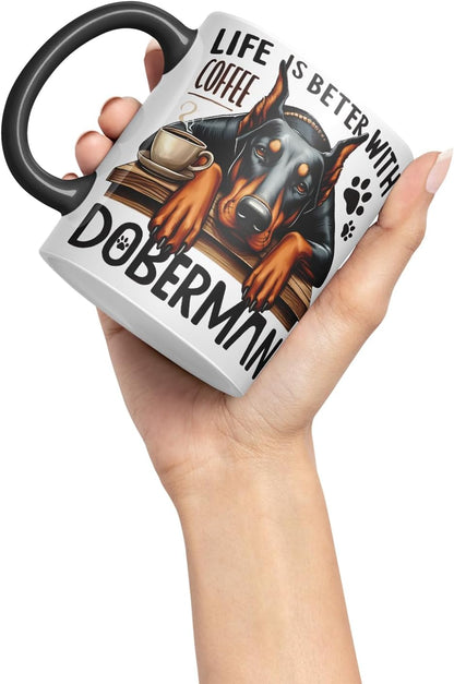 Vixar Life is Better with Coffee Doberman Dog Mug – Coloured Ceramic Mug Cup Gift, 11oz (Black)