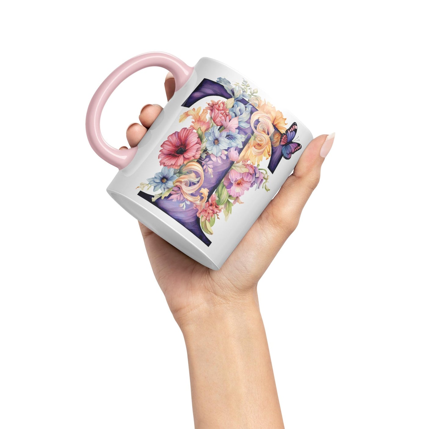 Letter T mug, Floral flowers butterfly Alphabet Letter T Monogram watercolour Ceramic Coloured Mug Cup for Tea Coffee Hot brew 330ml 11Oz Gift