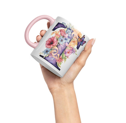 Letter T mug, Floral flowers butterfly Alphabet Letter T Monogram watercolour Ceramic Coloured Mug Cup for Tea Coffee Hot brew 330ml 11Oz Gift