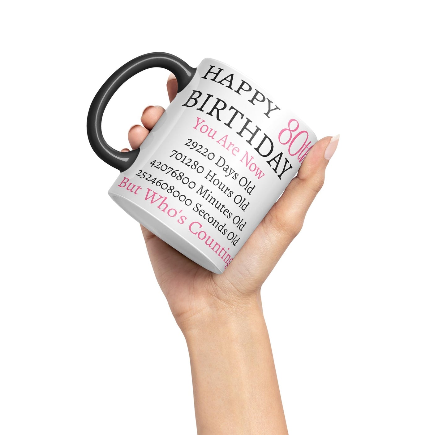 Vixar But Who's Counting Happy 80th Birthday Ceramic Coloured Mug Cup Gift Days Hours Minutes (Pink)
