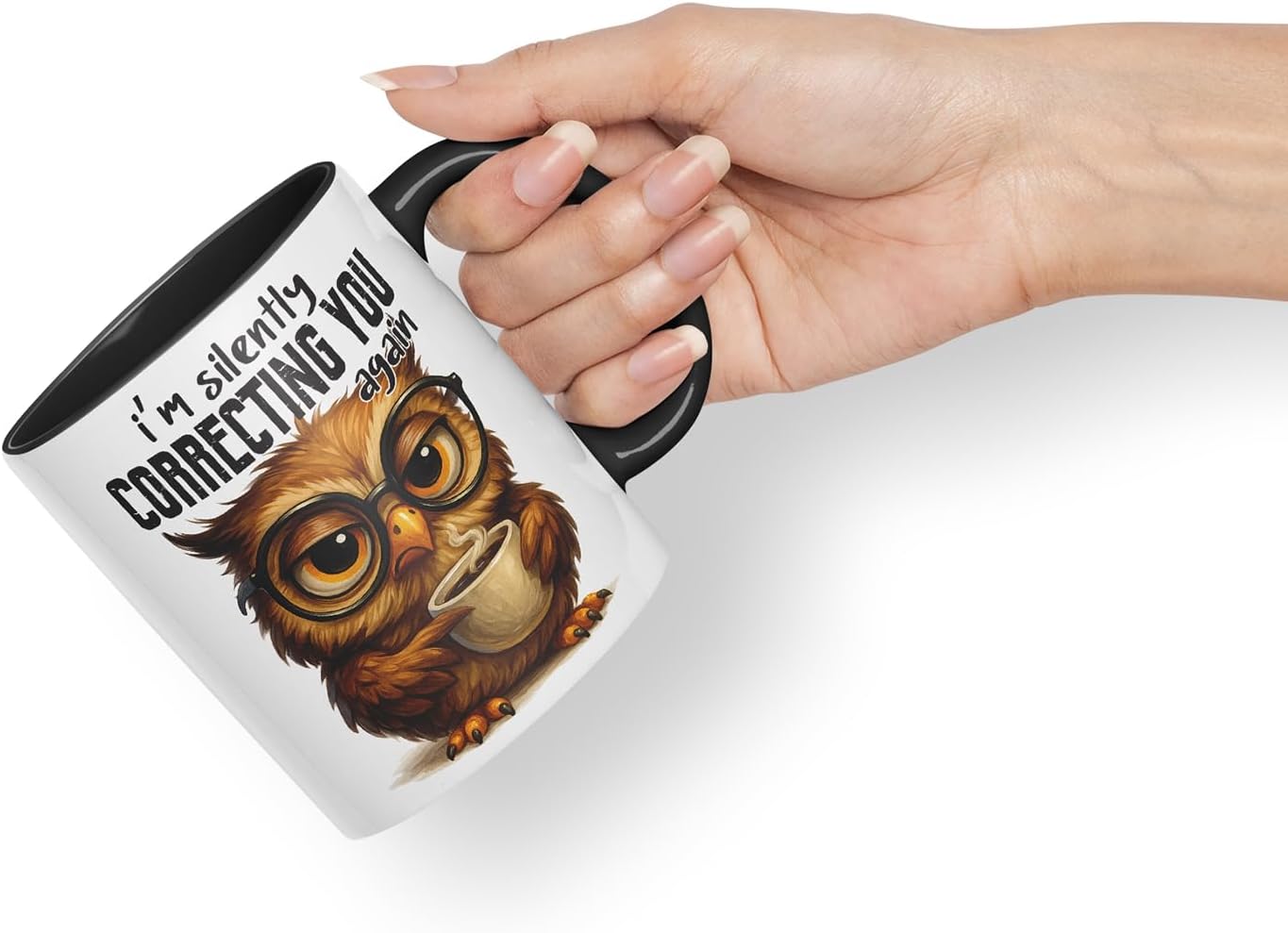 Vixar I'm Silently Correcting You Again Sarcastic Owl – Coloured Ceramic Mug Cup Gift, 11oz (Black)
